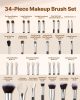 34-Piece Makeup Brush Set, Professional Brushes Kit for Foundation Blending Eyeshadow Concealer Blush - with Soft Bristles, Ergonomic Wood Handle